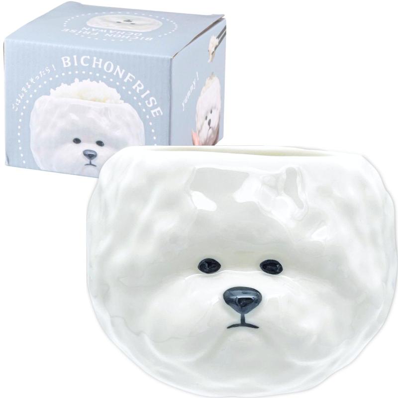 サンアート かわいい食器 茶碗 お茶わん ricebowl ビションフリーゼ ダイカット 動物 食器 誕生日プレゼント 犬 グッズ 忘年会 雑貨 白 約11×9cm SAN4908