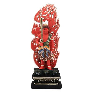 栗田こだわり仏像 【明王】 不動明王立像6.0寸(総高37cm、幅13.5cm、奥行き9.5cm)赤不動 桧木製高級木彫り彩色 火炎光背四角岩台 11252