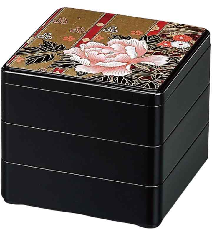 J-kitchens 重箱 3段 5.5寸 段付福徳 お重箱 黒 ぼたん 16.5cm x 16.5cm x 15.2cm 日本製