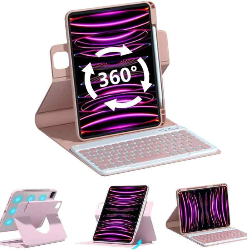 iPadキーボードケース 縦置き 磁気吸着 ペン収納 丸いキー 球状くぼみ 360度回転 iPad ケース マグネット式 透明カバー 分離式 Bluetooth キーボード付き可愛い