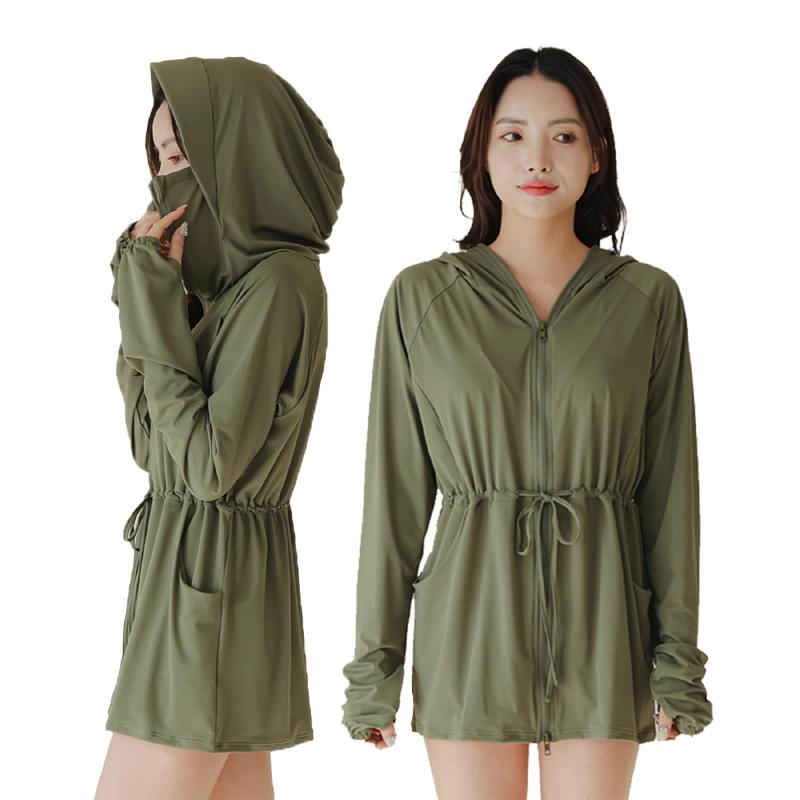 [ZAIDEA] ラッシュガード レディース 丈長め 顔まで ジップ つば付き 日焼け防止 速乾 通気性 ロング 長袖 UVカット 体型カバー 水着 フード