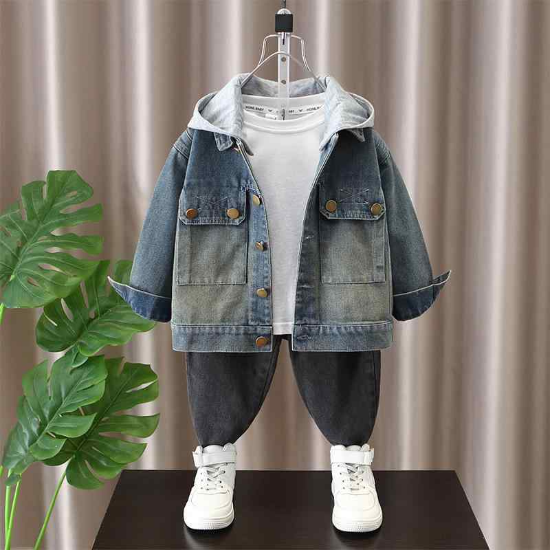 ジャケット 男の子 女の子 デニム フード付き 長袖 コットン 柔らかい スタンドカラー ボタン 中厚 青 春秋 カジュアル 韓国風 ストリート おしゃれ かっこいい 普段使い