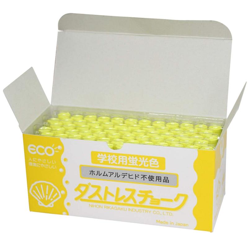 チョーク ダストレス蛍光チョーク 炭酸カルシム ホタテ貝殻粉末 文房具 オフィス用品・本体サイズ：1.12cm×6.3cm・素材：チョーク本体：炭酸カルシム、ホタテ貝殻粉末、中仕切り：PET・入り数：ダストレス蛍光チョーク：蛍光黄72本・パッケージサイズ：165mm×70mm×75mm