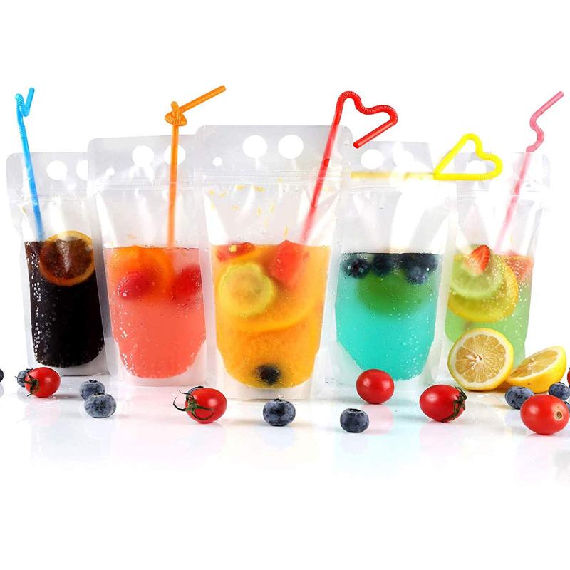 【100枚】500ml ジュース飲料袋 大容量 保存バッグ(曲がるストロー付き)｜パーティー・キャンプ・イベント用｜漏れ防止設計・食品級素材