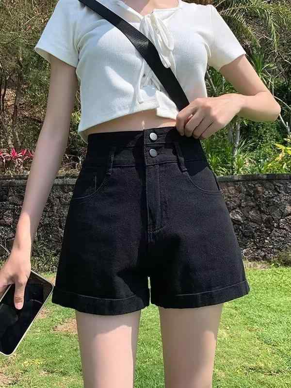 樂天商城 - デニム ホットパンツ レディース ハイウエスト 薄手 夏 ルーズ Aライン ブラック ホワイト ブルー コットン ストレッチ ポケット カジュアル 日韓 ノーアイロン ベーシック