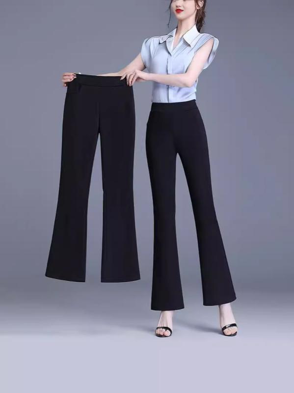 樂天商城 - パンツ レディース ハイウエスト 9分丈 微ラッパー 黒 ストレッチ ドレープ カジュアル 日韓スタイル ポリエステル アクリル混紡 伸縮性 小柄対応 普段使い