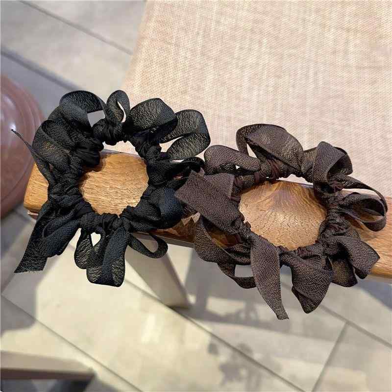 Clothing Accessories (Caps, Ties, Belts) - ポニーテール ヘアゴム 蝶結び リボン 飾り ヘアリング 編み込み 布製 伸縮性 韓国風 かわいい 爽やか 黒 茶 春 普段使い おしゃれ ヘアアクセサリー