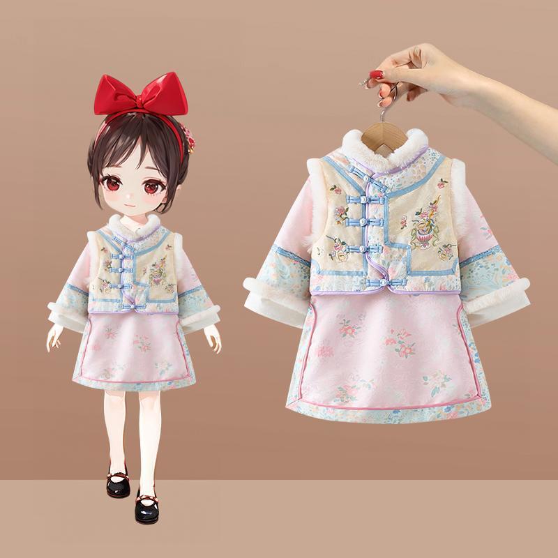 チャイナドレス 女の子 キッズ ベビー 冬 厚手 中国風 漢服 古装 格格 春節 お正月 誕生日 1歳祝い 記念 かわいい 伸縮性 オールインワン パーティー 伝統衣装 仙女スタイル