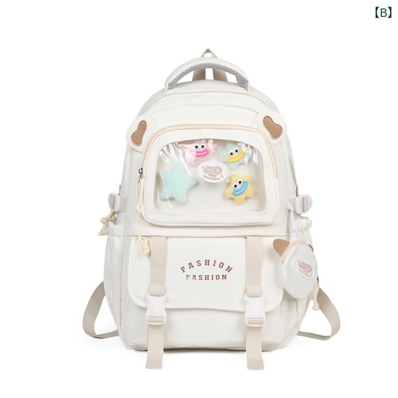 pure blissのリュックサック レディース 小学生 中学生 高校生 大学生 大容量 両肩 学校 通学 オックスフォード布 耐摩耗 14インチ対応 夏 純色 コントラストカラー 切り替え 曲線肩紐 ナイロン裏地 爽やか かわいい チャーム付き 黒 白 カーキ｜アングル2