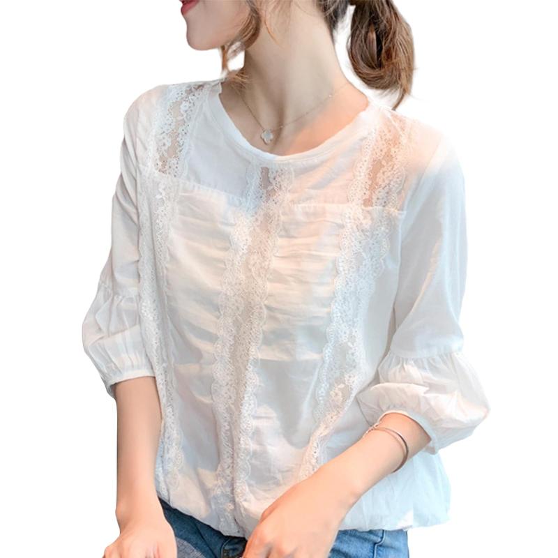 樂天商城 - [TeMibery Lyric] ブラウス レディース パフ袖 レース シャツ カットソー 7分袖 tシャツ 春 夏 かわいい 薄手 ファッション 大きいサイズ おしゃれ ゆったり カジュアル パフスリーブ 可愛い トッ