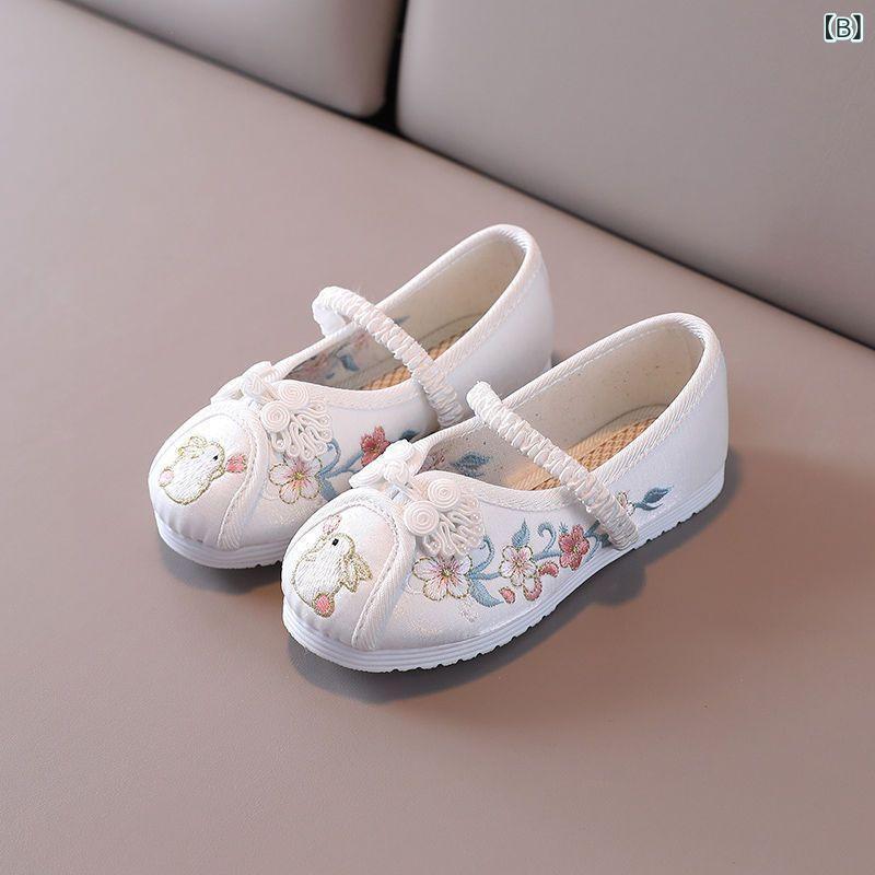 ダンスシューズ 女の子 子供 幼児 刺繍靴 布靴 中国風 民族風 牛筋底 綿 ピンク 白...