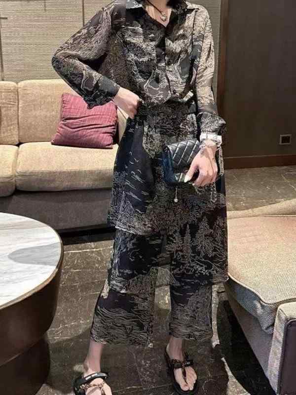 オールインワン レディース 花柄 アシンメトリー フェイクツーピース エプロン風 ワイドパンツ 七分丈 長袖 ポリエステル ブラック ピンク ブルー カジュアル リゾート 通勤 切り替え 上品