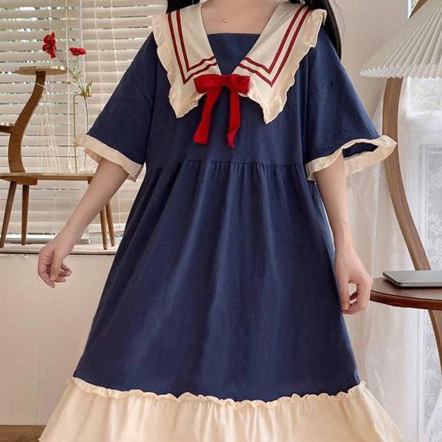 パジャマワンピース レディース 少女 夏 三分袖 スクエアネック プリンセス風 薄手 ゆったり 中長丈 リボン 再生繊維 ポリエステル 部屋着 外出 カジュアル スイート かわいい 快適