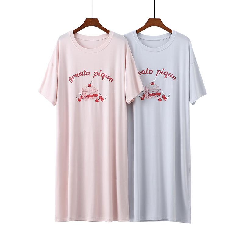 Other - パジャマ ワンピース レディース 春夏 薄手 モダール 三分袖 丸首 ミドル丈 チェリー ケーキ 柄 かわいい 通気 伸縮 涼感 快適 外出 ピンク グレー