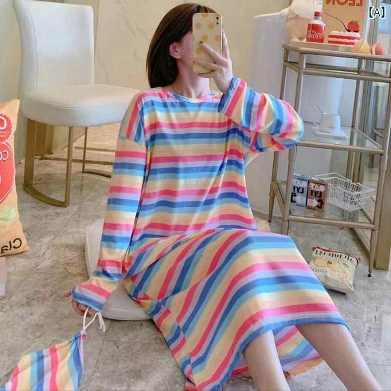 パジャマ レディース 長袖 プリント柄 ロングスカート 2点セット 再生繊維 ポリエステル クルーネック 春秋 部屋着 カジュアル ナイトウェア 寝間着 ピンク レインボー 白 普段使い かわいい