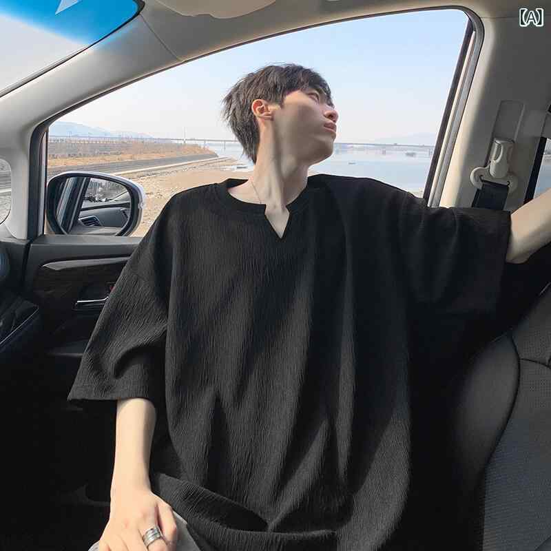 Tシャツ メンズ 半袖 Vネック ゆったり ルーズ シルエット 夏 薄手 通気性 イージーケア ノンアイロン カートゥーン柄 アニメ プリント 切り替え カラー 黒 白 カジュアル 普段使い ベーシック 青年