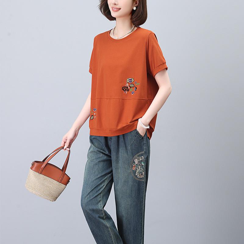 レディース ミドルアミリア風 花柄 刺しゅう プリント 半袖Tシャツ 九分丈 デニムパンツ 2点セット カジュアル レトロ テンセル混 コットン 涼しい 接触冷感 ゆったり お出かけ purebliss-10317109 pure bliss パッケージ画像
