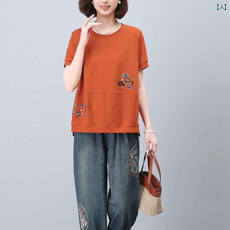 レディース ミドルアミリア風 花柄 刺しゅう プリント 半袖Tシャツ 九分丈 デニムパンツ 2点セット カジュアル レトロ テンセル混 コットン 涼しい 接触冷感 ゆったり お出かけ purebliss-10317109 pure bliss サンプル画像2