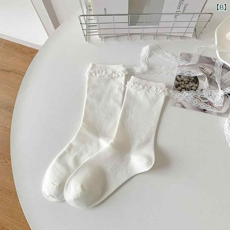 pure blissの靴下 レディース 春夏秋冬 ミドル丈 レース フリル リボン コットン混 吸汗 薄手 無地 フェミニン かわいい 通学 通勤 おしゃれ｜アングル3