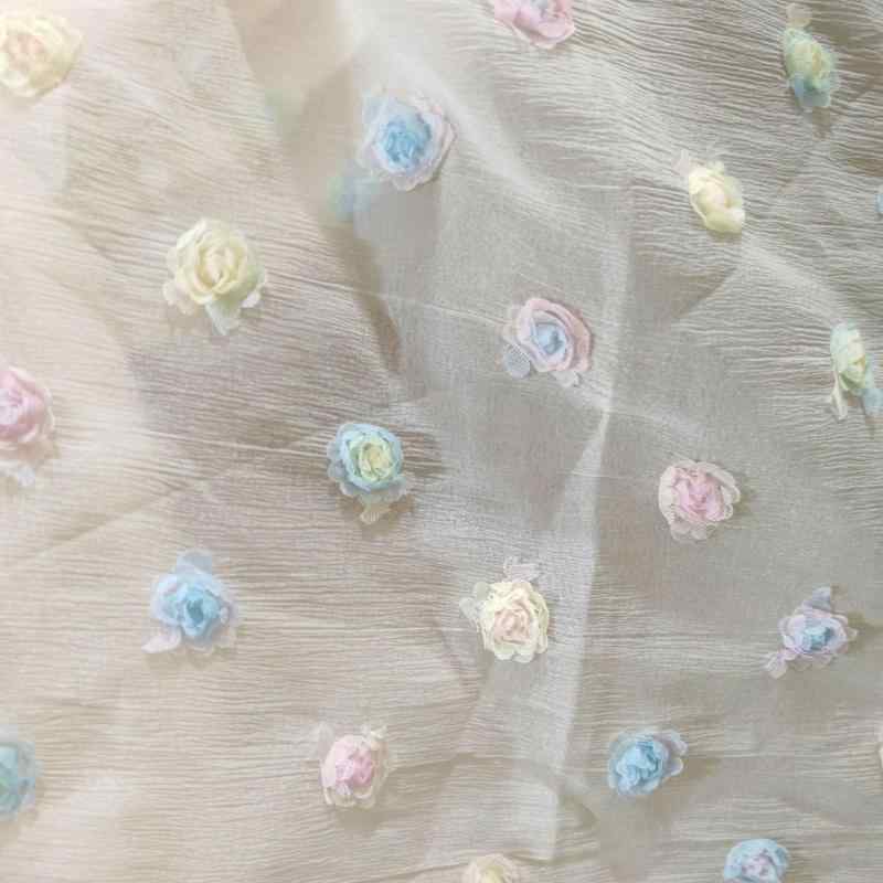 生地 レディース 春夏 ポリエステル シフォン 刺繍 立体 バラ 花柄 レース チュール 透け感 レトロ アイボリー ハンドメイド 手芸 裁縫 シャツ ドレス カーテン クッションカバー カバー ソファカバー テーブルクロス