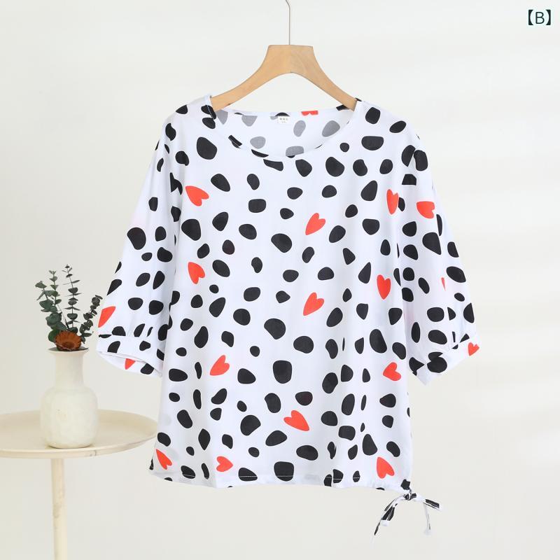 pure blissのTシャツ レディース 半袖 春夏 レーヨン混 薄手 ルームウェア 部屋着 接触冷感 ゆったり 楽ちん ドローストリング トップス カットソー カジュアル ラウンドネック 丸首 総柄 プリント 体系カバー｜アングル3