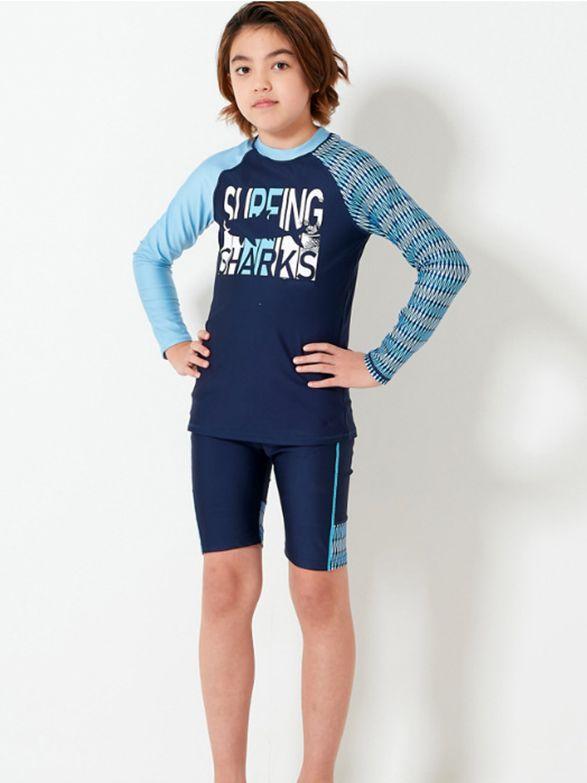 水着 キッズ 男の子 セパレート 長袖 トップス ショートパンツ セットアップ UVカット 紫外線対策 日焼け防止 吸汗速乾 伸縮性 ストレッチ スイミング スクール 温泉 プール 海水浴 動きやすい 無地 ネイビー