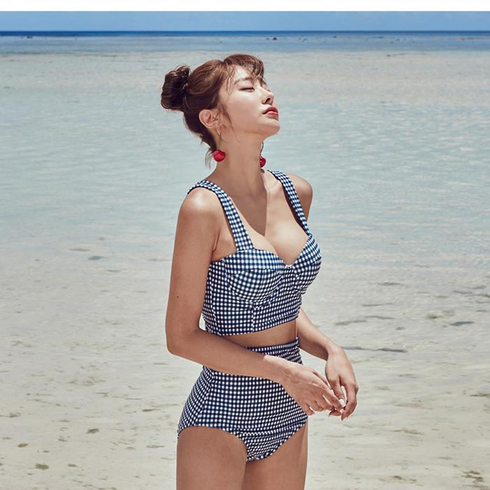 ・性別: 女性・対象年齢: 成年・柄: 格子、小清新、保守・仕様: ワイヤーあり、胸パッドあり・素材: ナイロン、ポリウレタン・対応シーン: 游泳・水泳・カラー展開: 画像通り・サイズ展開: M、L、XL・スタイル: ビキニ（三角パンツ）