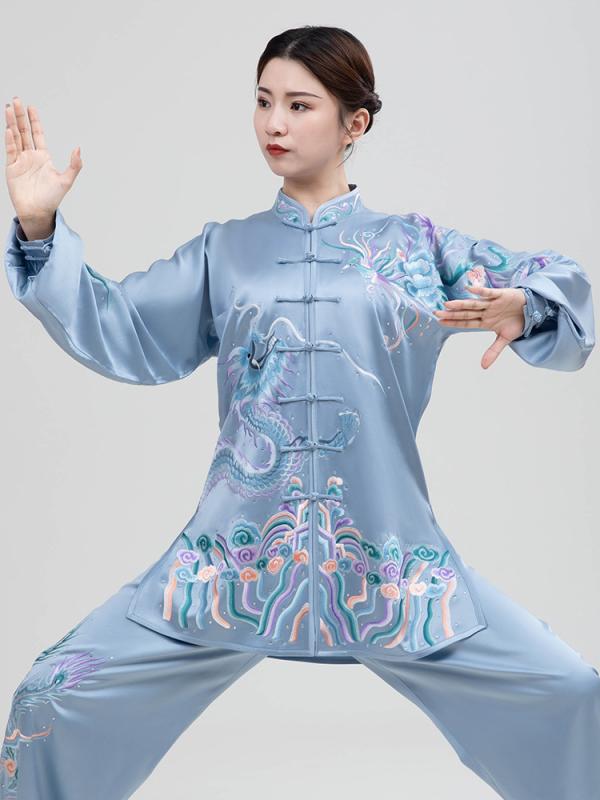 太極拳ウェア 男女兼用 シルク調 刺繍 伝統衣装 武術 練習着 大会用 競技用 動きや...
