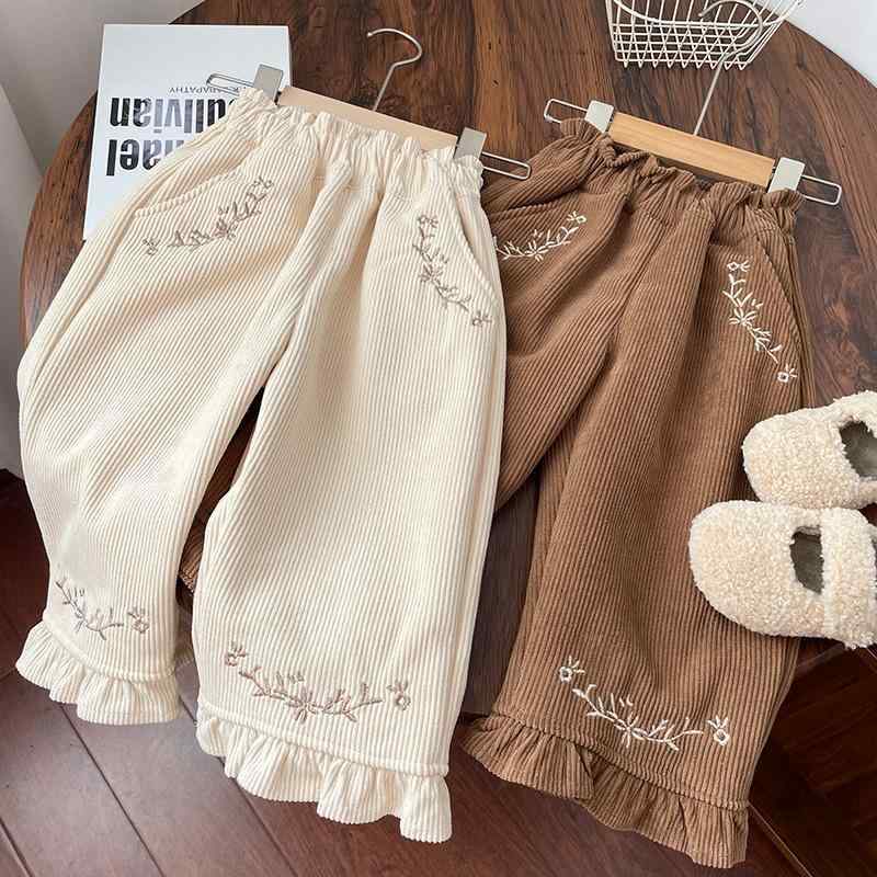 パンツ キッズ 女の子 冬 裏起毛 コーデュロイ 裾フリル 花柄 刺繍 ゆったり スト...