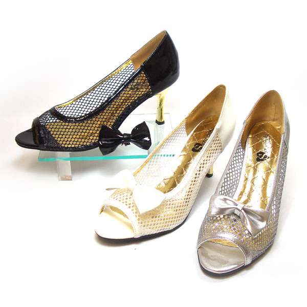 パンプス美脚2wayリボンメッシュ...