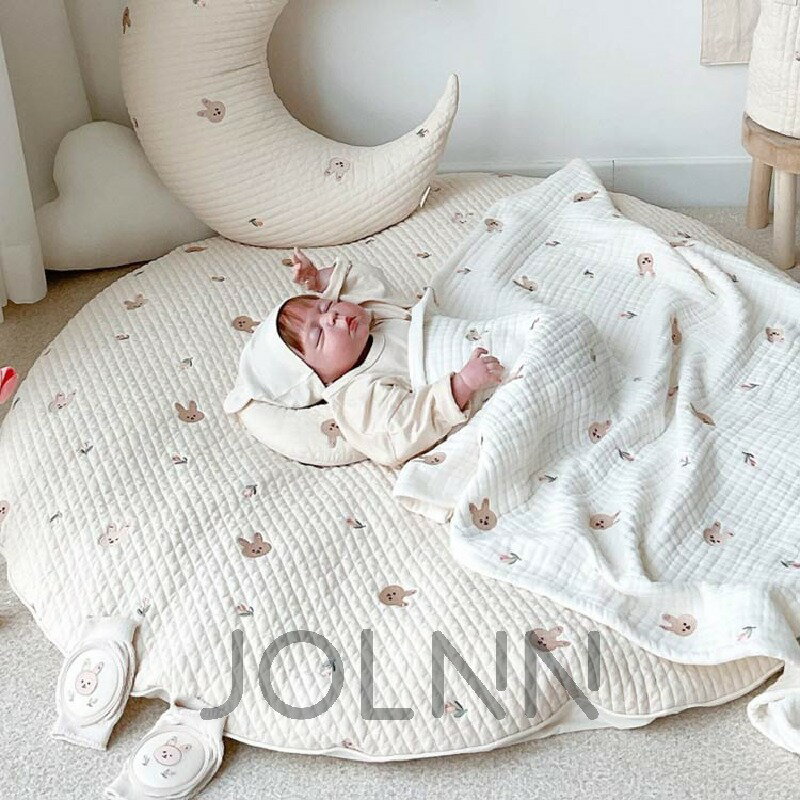 サニーマット ベビー ラグ マット 円形 ごろ寝 寝相アート 月齢フォト マット 綿 赤ちゃん お昼寝マット 刺繍 クマ 花柄 ウサギ リス オリーブ プレイマット ラウンドマット 洗える 新生児 よちよちマット ベビーマット 男の子 女の子