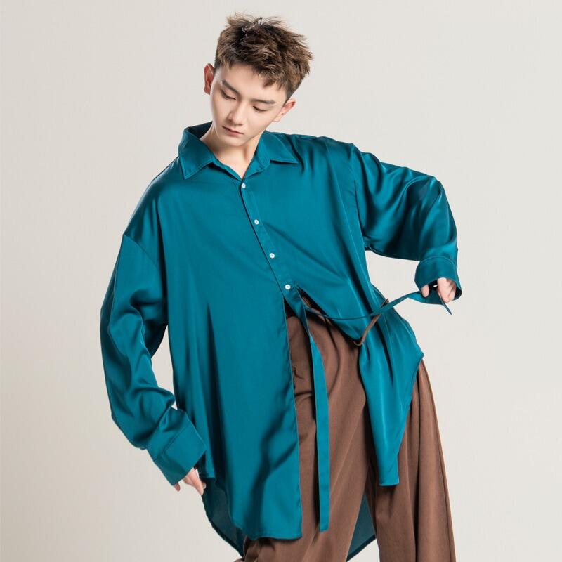 送料無料 メンズ ダンス衣装 シャツ サテンシャツ 長袖 光沢 ゆったり 無地 ボタンダウン 練習着 ダンスウェア レッスン ラテン フラメンコ 社交ダンス 舞台衣装 発表会 ダンス用品