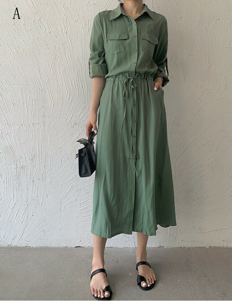 乐天商城 - ワンピース レディース 長袖 ロング ロングワンピース マキシワンピース シャツワンピ シャツワンピース 春 夏 秋 通勤 カジュアル キレイめ ゆったり ふんわり とろみ 大きいサイズ 体