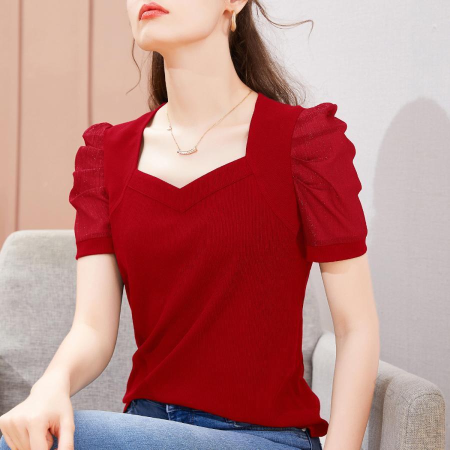 ニット パフスリーブ カットソー アイスシルク 冷感Tシャツ レディース Vネック スクエアネック オフィス 半袖 シンプル おしゃれ キュート 伸縮性 快適 通気性 軽量 抗菌 UVカット 吸汗 3