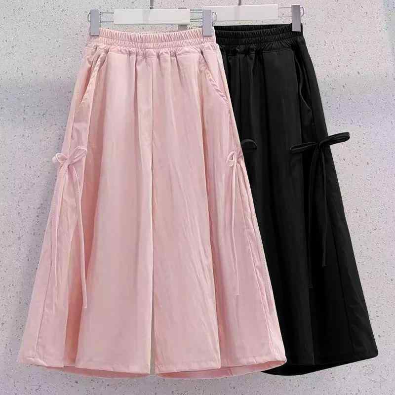 Culottes - パンツ キッズ 女の子 子供服 7分丈 ワイド キュロット スカート風 接触冷感 涼しい ポリエステル 伸縮性 ピンク系 黒 ブラック グリーン 杏色 パープル カジュアル スポーツ 普段使い 子