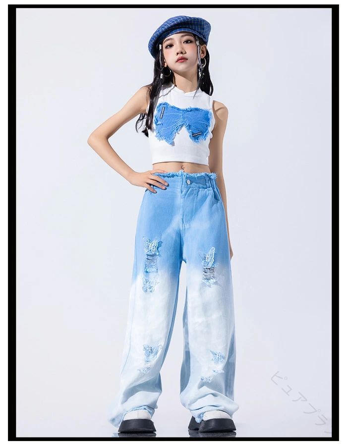 Rakuten - ダンスパンツ デニムパンツ デニムワイドパン ワイドパンツ ブルー系 かわいい キッズ ガールズ hiphop K-pop 舞台 団体服 演出服 練習着 ダンス衣装 ダンスウェア ストリートファッション