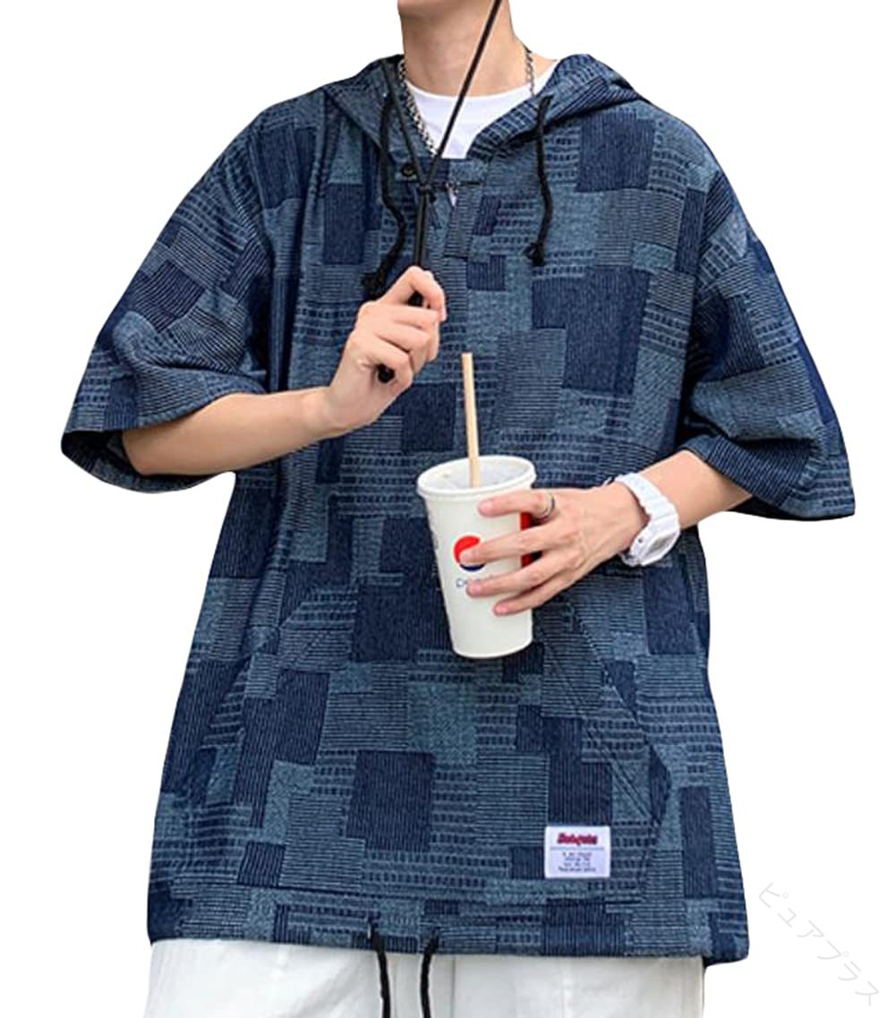 樂天商城 - Tシャツ 半袖 メンズ 夏服 フード付き デニム 薄手 ゆったり プルオーバー 大きいサイズ カジュアル ストリート系ファッション クール 吸汗 速乾 通気性 軽量 人気 おしゃれ シンプル ト