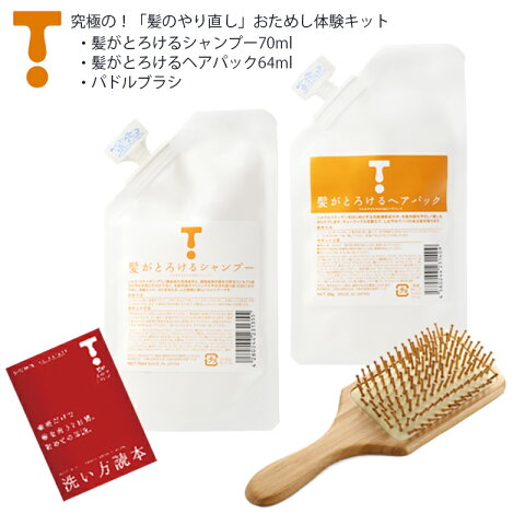 究極の！「髪のやり直し」おためし体験キット／髪がとろける★シャンプー70ml・ヘアパック64ml・パドルブラシ・洗い方読本つき！