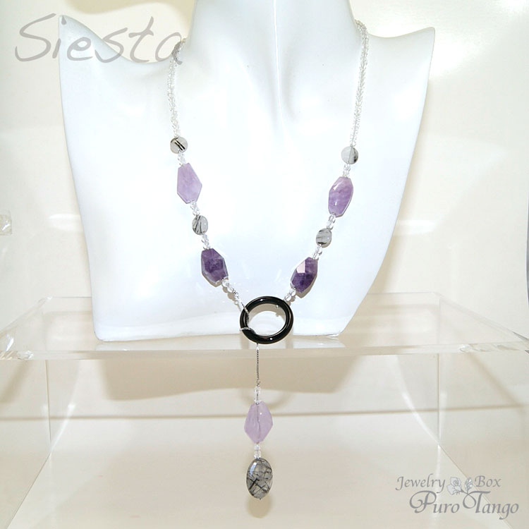 樂天商城 - ラベンダーアメシストとブラックルチルクォーツのラリエットネックレス