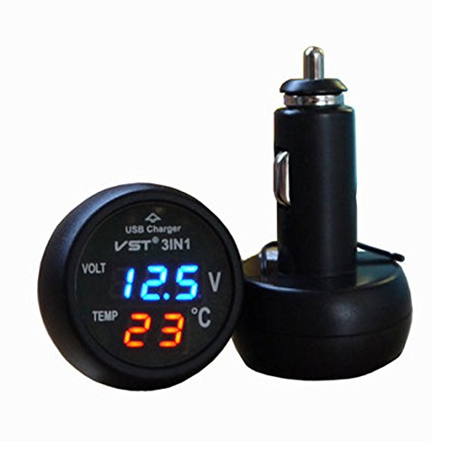 【P2倍!】 3in1デジタル電圧計温度計USBカーチャージャー 12V/24Vバッテリー対応