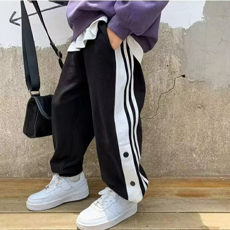 バスケットボールパンツ 長ズボン 冬用 バスケットパンツ キッズ用 スナップボタン付き 男の子 裾ボタン サイドライン 女の子 夏秋用 バスパン ジャー ロングパンツ ジュニア