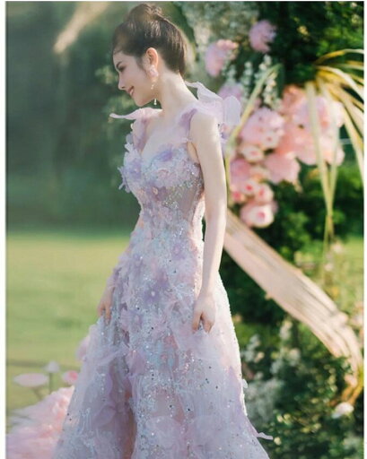 【スーパーSALE半額】結婚式ドレス 二次会ドレス パープル 花柄 キャミドレス 可愛い キラキラドレス スパンコール 素敵 ゲストドレス お花 イブニングドレス ロングドレス プリンセスドレス お姫様 撮影