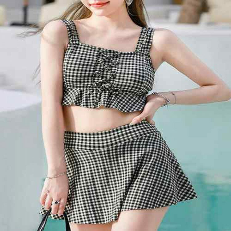 【先着60名：200円Offクーポン】ハイウエストビキニ 大人可愛い セパレート水着 ギンガムチェック フリル水着 レースアップ ガーリー リゾート水着セット 露出控えめ水着人気 ビーチ水着 韓国風 海水浴ビスチェ水着