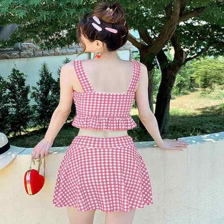 【先着60名：200円Offクーポン】ハイウエストビキニ 大人可愛い セパレート水着 ギンガムチェック フリル水着 レースアップ ガーリー リゾート水着セット 露出控えめ水着人気 ビーチ水着 韓国風 海水浴ビスチェ水着