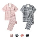 ペアルック パジャマ カップル ルームウェア 半袖+長ズボン 春夏秋 チェック柄 ドット 水玉柄 無地 2重ガーゼ コットンパジャマ 綿100% 綿パジ ナイトウェア 寝巻き