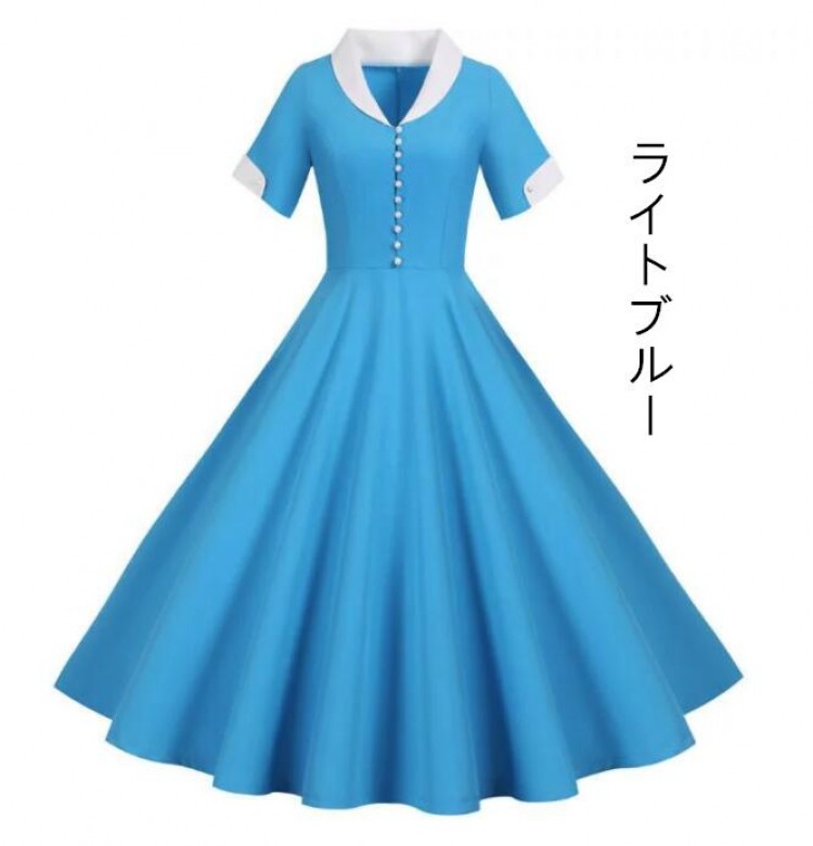 ロング丈ワンピース Aライン レディースダンス衣装 フランス復古風 大きい裾 半袖ドレス 細身 フリルドレス パーティードレス 舞台お揃い 団服 合唱 文化祭 イベント衣装 演出服