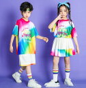 【先着60名:200円Offクーポン】キッズ ダンス 衣装 虹色 チア 演出服 ジャズ ヒップホップ 上下セット 練習服 子供服 プリーツスカート チアダンス ...