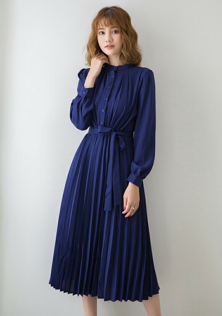 【先着60名：200円Offクーポン】ワンピース プリーツワンピース レディース 長袖 春 夏 秋 冬 ロングワンピース マキシ丈 ロング丈 プリーツ リボン付き 裹地付き Aライン 気品 綺麗 カ 通勤 大きいサイズ