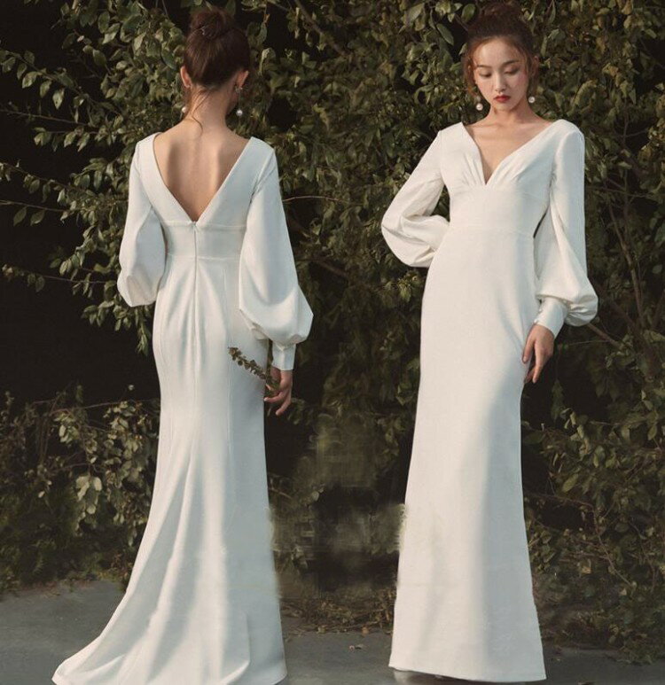 フォマール ドレス ウェディングドレス 長袖 Vネック 無地 ロング ウエディングドレス エレガント 結婚式 披露宴 パーティー 二次会 演奏会 シンプル ファス 背中もVネック 森系