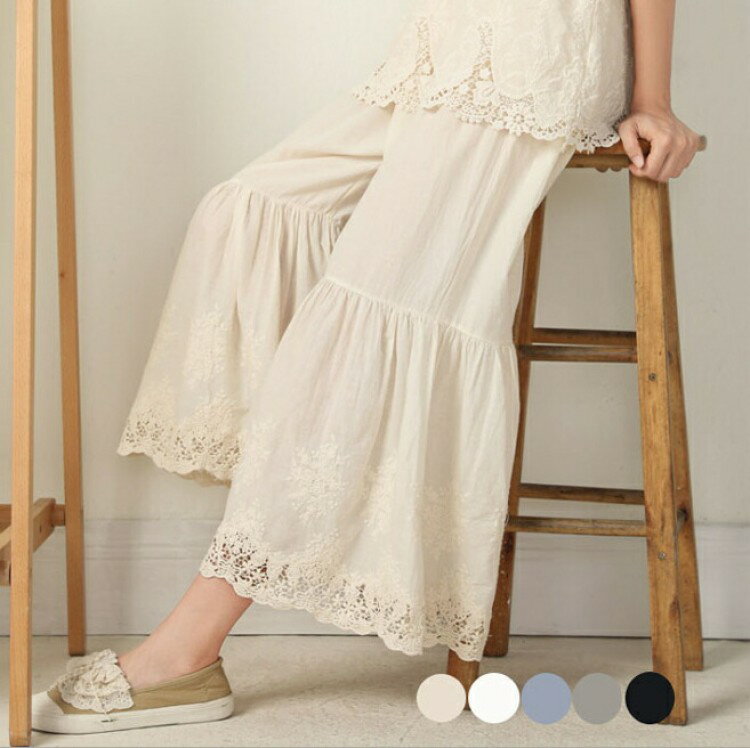 ワイドパンツ ワイド レディース ボトムス ガウチョパンツ レース 刺繍 フレア フレアパンツ パンツ 綿..